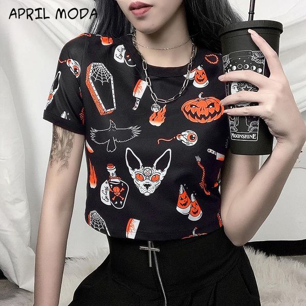 women's t-shirt vintage high waist cropped short t-shirts halloween pattern pumpkin print women girls summer punk gothic round neck t, White
women's t-shirt vintage high waist cropped short t-shirts halloween pattern pumpkin print women girls summer punk gothic round neck t, White