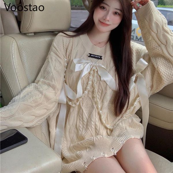women's sweaters autumn winter sweet korean loose pearls chain bow hole knitted pullover women elegant chic o-neck sweater outerwear gi, White;black
women's sweaters autumn winter sweet korean loose pearls chain bow hole knitted pullover women elegant chic o-neck sweater outerwear gi, White;black