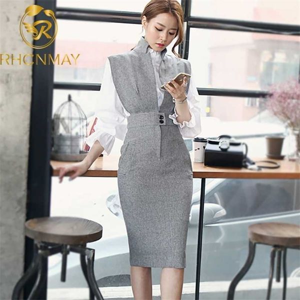 women 2 piece set dress summer white ruffles stand collar blouse + gray sleeveless notched pencil skirt 211106
women 2 piece set dress summer white ruffles stand collar blouse + gray sleeveless notched pencil skirt 211106