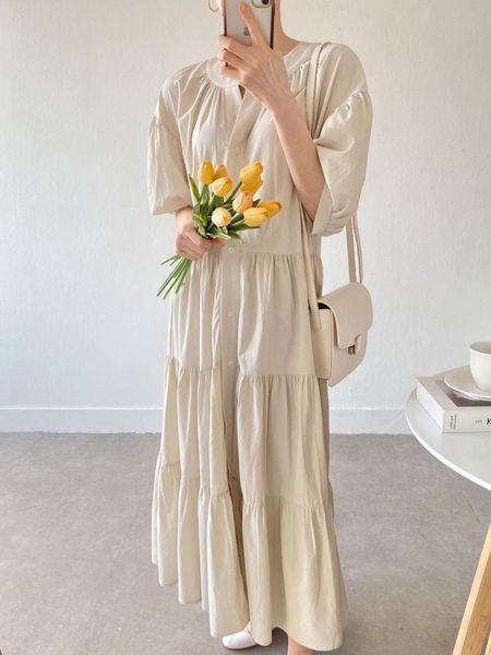 party dresses women's solid color puff sleeve round necktie buttons casual loose comfortable fashion long dress, White;black
party dresses women's solid color puff sleeve round necktie buttons casual loose comfortable fashion long dress, White;black