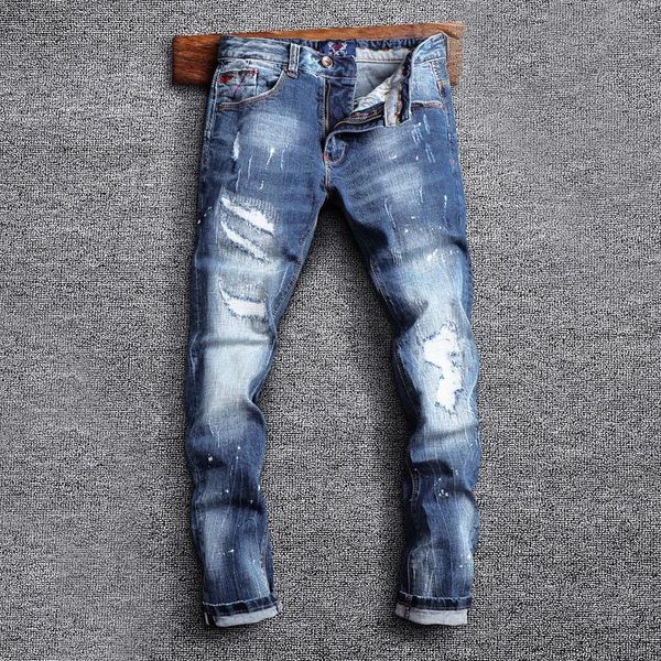men's jeans italian style fashion men retro blue elastic slim fit ripped destroyed patchwork vintage designer casual pants
men's jeans italian style fashion men retro blue elastic slim fit ripped destroyed patchwork vintage designer casual pants