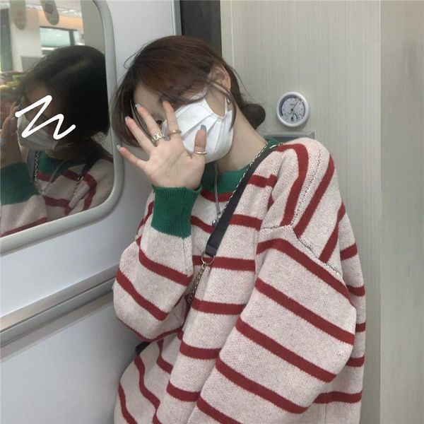 women's sweaters red loose striped knitted sweater women casual round neck hit color basic pullover street wild sweet knit, White;black
women's sweaters red loose striped knitted sweater women casual round neck hit color basic pullover street wild sweet knit, White;black