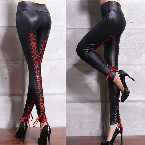 women faux leather skinny pencil pants high waist spliced lace up full length trousers elastic pu slacks, Black;red
women faux leather skinny pencil pants high waist spliced lace up full length trousers elastic pu slacks, Black;red