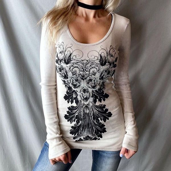 women's t-shirt women embellished ribbed adults vintage flower pattern scoop neck long sleeve knit pullover, White 
women's t-shirt women embellished ribbed adults vintage flower pattern scoop neck long sleeve knit pullover, White