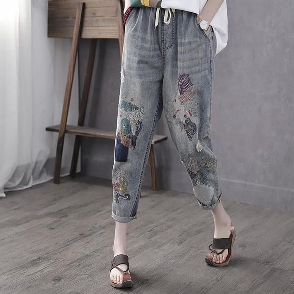 women's jeans retro 2021 artistic spring summer embroidered cropped pants denim slimming ankle-tied harem, Blue
women's jeans retro 2021 artistic spring summer embroidered cropped pants denim slimming ankle-tied harem, Blue