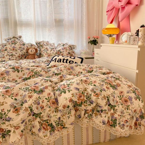 bedding sets pastoral flower set,romantic french floral lace ruffles cotton full home textile bed sheet pillow case quilt cover