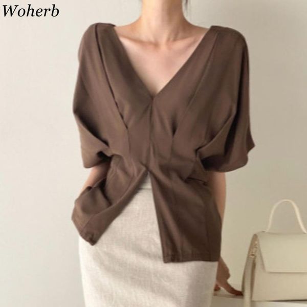 women's blouses & shirts woherb temperament v neck blouse women 2021 summer pleated design slim short sleeve korean loose elegant split, White
women's blouses & shirts woherb temperament v neck blouse women 2021 summer pleated design slim short sleeve korean loose elegant split, White
