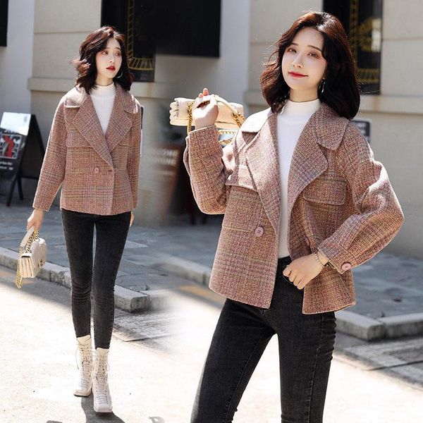 women's wool & blends casual plaid woolen coat female 2021 autumn korean fashion suit collar loose thick ladies short jacket overcoat e, Black
women's wool & blends casual plaid woolen coat female 2021 autumn korean fashion suit collar loose thick ladies short jacket overcoat e, Black
