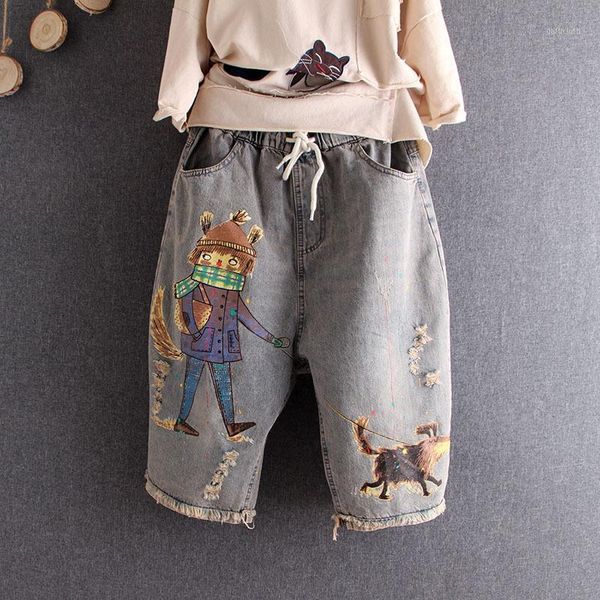women's jeans summer knee length women washed harem pants vintage harajuku cartoon print ripped denim trousers for woman streetwear, Blue
women's jeans summer knee length women washed harem pants vintage harajuku cartoon print ripped denim trousers for woman streetwear, Blue