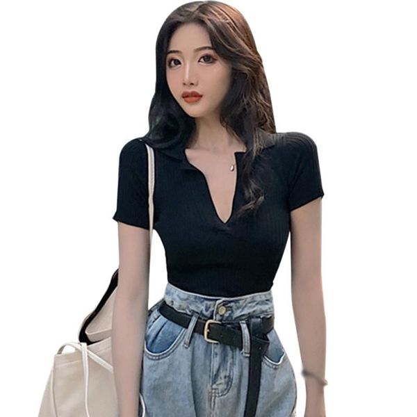 women's t-shirt retro style knitted for women summer solid color casual short sleeve lapel t shirt, White
women's t-shirt retro style knitted for women summer solid color casual short sleeve lapel t shirt, White