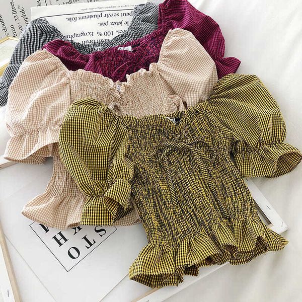 ruffled puff sleeves one-line neck strapless short baby shirt women's summer western style plaid shirt 210709, White
ruffled puff sleeves one-line neck strapless short baby shirt women's summer western style plaid shirt 210709, White