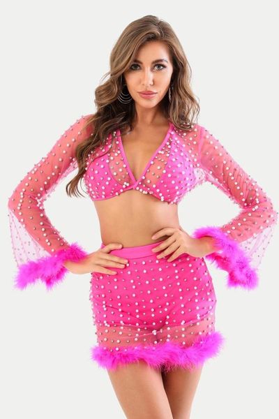 winter style women sexylong sleeve pink diamonds two piece bandage set 2021 celebrity designer fashion women's set, White 
winter style women sexylong sleeve pink diamonds two piece bandage set 2021 celebrity designer fashion women's set, White