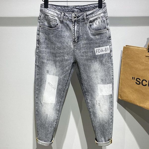 men's jeans spring summer fashion printed stretch casual ripped hole men skinny gray cropped trousers straight type lightly washed, Blue
men's jeans spring summer fashion printed stretch casual ripped hole men skinny gray cropped trousers straight type lightly washed, Blue