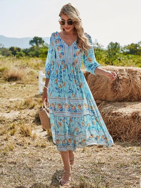 casual dresses women summer bohemian style floral printing v-neck half sleeve beach long dress ladies temperament high waist a-line skirt s-, Black;gray 
casual dresses women summer bohemian style floral printing v-neck half sleeve beach long dress ladies temperament high waist a-line skirt s-, Black;gray