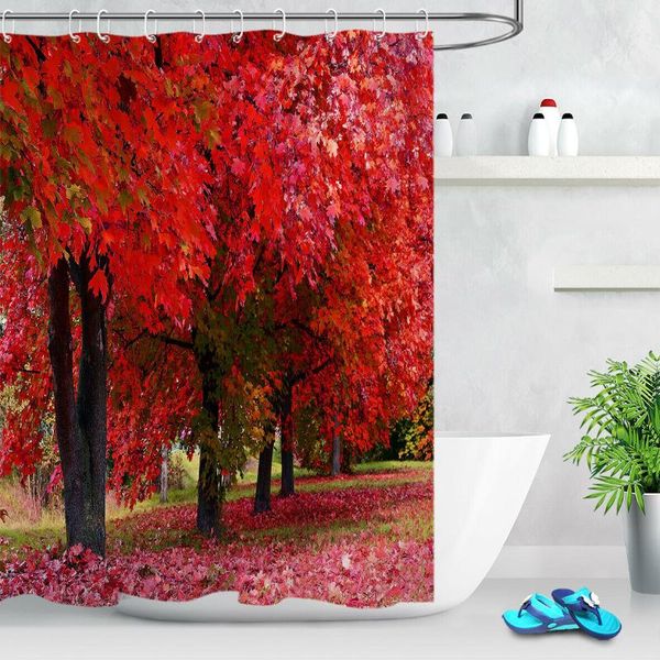 shower curtains autumn park red maple forest bathroom fabric curtain set w/ hooks