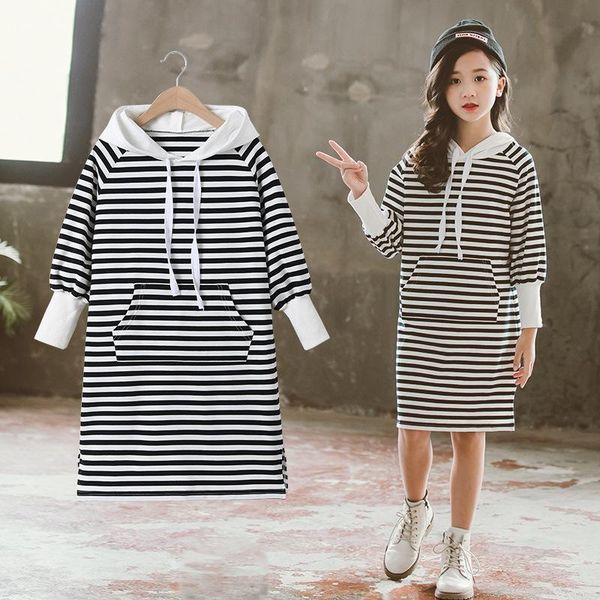 girl's dresses girls sweatshirt dress 2021 fall kids stripe casual children cotton for 6 8 10 12 13 years teenage vestidos, Red;yellow