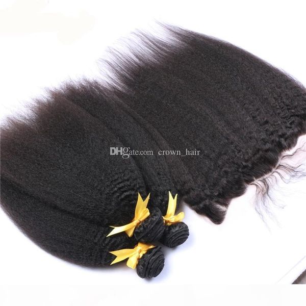 selling kinky straight lace frontal with brazilian human hair 3 bundles coarse yaki ear to ear full lace frontals with hair weaves, Black 
selling kinky straight lace frontal with brazilian human hair 3 bundles coarse yaki ear to ear full lace frontals with hair weaves, Black