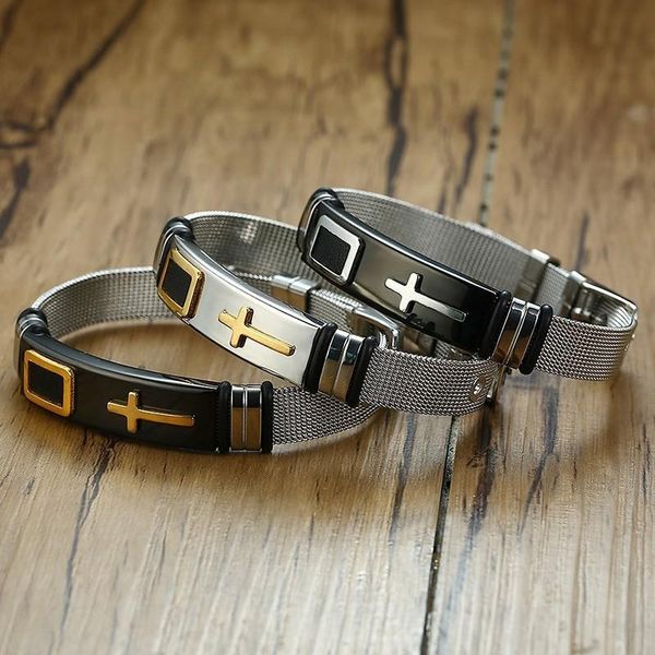 link, chain mens cross charm strap bracelets for woman stainless steel net watch band male female prayer pulsera size adjustable, Black
link, chain mens cross charm strap bracelets for woman stainless steel net watch band male female prayer pulsera size adjustable, Black
