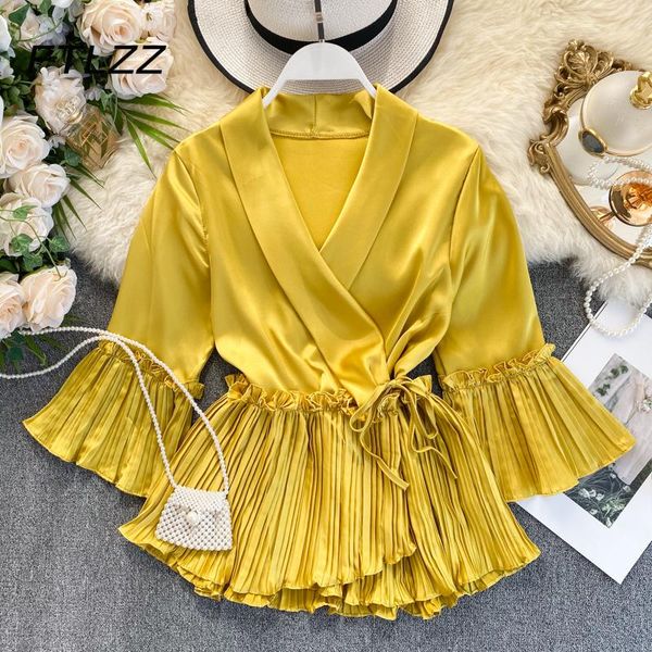 women's blouses & shirts women elegant bandage blouse spring summer 3/4 sleeve v neck ruffles pleated woman fashion blusa femi, White
women's blouses & shirts women elegant bandage blouse spring summer 3/4 sleeve v neck ruffles pleated woman fashion blusa femi, White