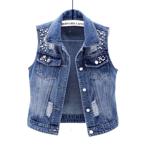 women's vests sleeveless vest 2021 summer denim waistcoat fashion casual short jeans jacket beaded holes slim coat, Black;white
women's vests sleeveless vest 2021 summer denim waistcoat fashion casual short jeans jacket beaded holes slim coat, Black;white