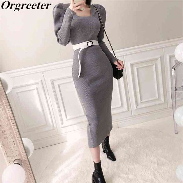 romantic french square collar long sleeve knitted dress women fall winter puff slim bodycon split mid sweater 210602, Black;gray
romantic french square collar long sleeve knitted dress women fall winter puff slim bodycon split mid sweater 210602, Black;gray