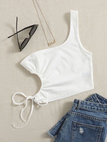one shoulder cutout drawstring s24a#, White
