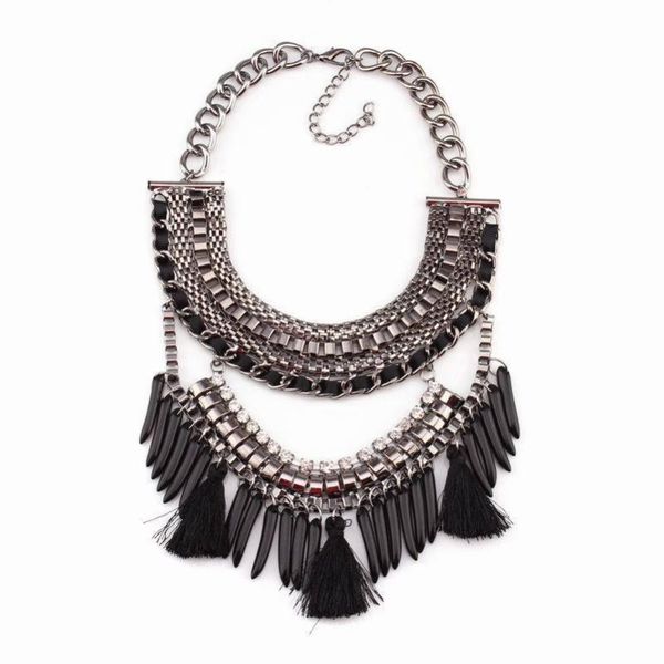 pendant necklaces black color yarn tassel crystal dotted stone spike choker necklace fashion design statement nickel jewelry, Silver 
pendant necklaces black color yarn tassel crystal dotted stone spike choker necklace fashion design statement nickel jewelry, Silver