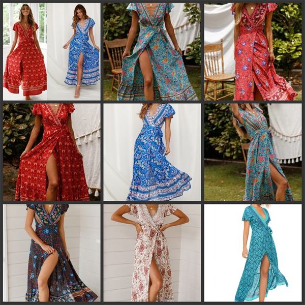 women boho floral long maxi dress v-neck floral split dress summer beach sundres 391 y2, White
women boho floral long maxi dress v-neck floral split dress summer beach sundres 391 y2, White