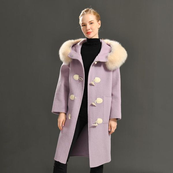 women's wool & blends coat women elegant cashmere long winter big real fur hood female loose vintage blend jacket horn button overcoat, Black
women's wool & blends coat women elegant cashmere long winter big real fur hood female loose vintage blend jacket horn button overcoat, Black
