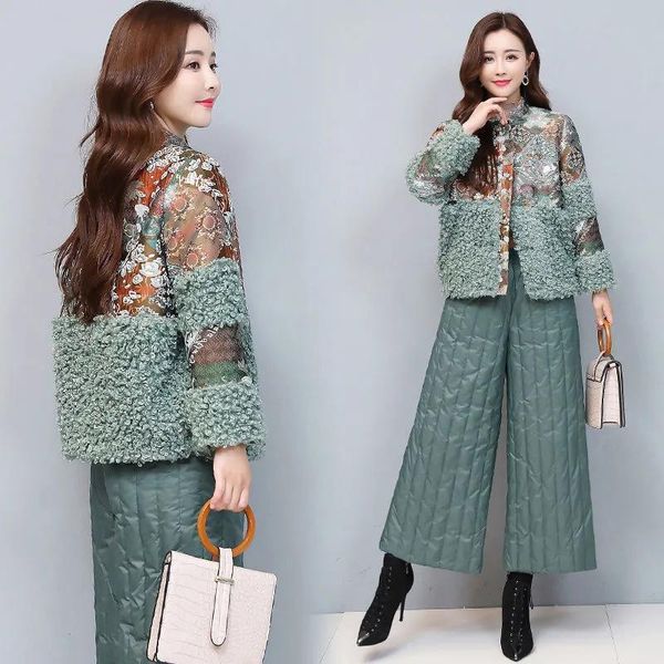 women's two piece pants winter warm print down cotton suit wide leg imitation lambswool coat plus size womens casual outfit, White
women's two piece pants winter warm print down cotton suit wide leg imitation lambswool coat plus size womens casual outfit, White