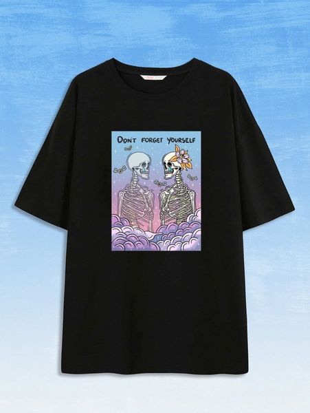 romwe x sadskelly skeleton & slogan graphic tee h5pb#, White