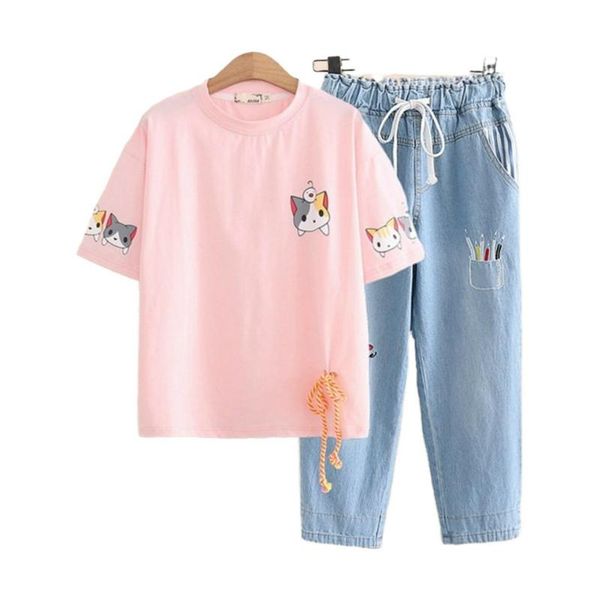 women's two piece pants casual set cat print harakuju t shirt + elastic waist embroidery calf length denim summer 2 clothes girl, White
women's two piece pants casual set cat print harakuju t shirt + elastic waist embroidery calf length denim summer 2 clothes girl, White