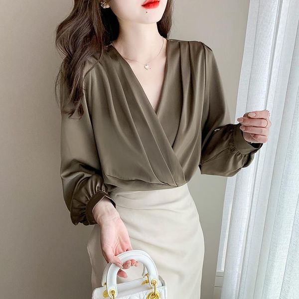 women's blouses & shirts silk satin loose fashion casual long sleeve blusas solid color v-neck shirt autumn houthion, White 
women's blouses & shirts silk satin loose fashion casual long sleeve blusas solid color v-neck shirt autumn houthion, White