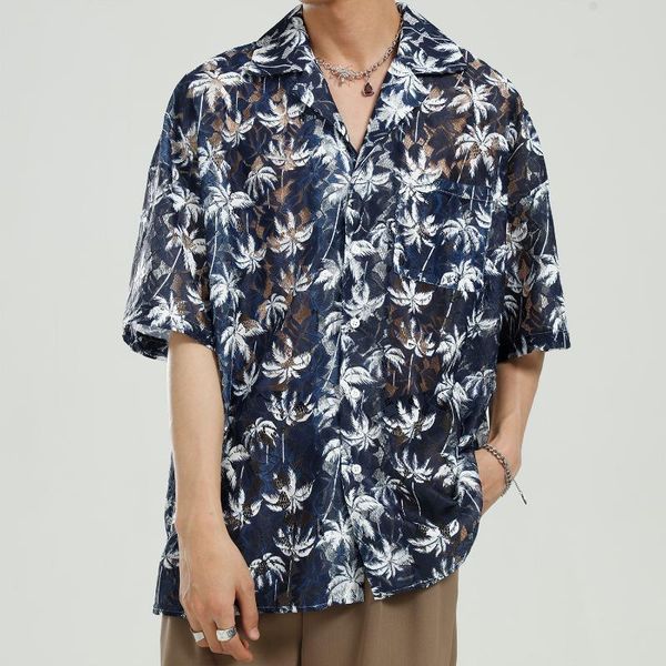men's casual shirts men summer short sleeve lace leaves print translucent loose shirt male streetwear hip hop beach, White;black
men's casual shirts men summer short sleeve lace leaves print translucent loose shirt male streetwear hip hop beach, White;black