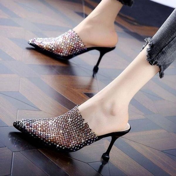 slippers sandals female summer wear half dragged outside transparent diamond mesh baotou high-heeled stilettos, Black
slippers sandals female summer wear half dragged outside transparent diamond mesh baotou high-heeled stilettos, Black