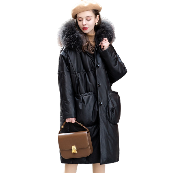 women's leather & faux hooded down jacket parka women winter raccoon fur sheepskin loose oversize coat female casual plus size coats, Black
women's leather & faux hooded down jacket parka women winter raccoon fur sheepskin loose oversize coat female casual plus size coats, Black