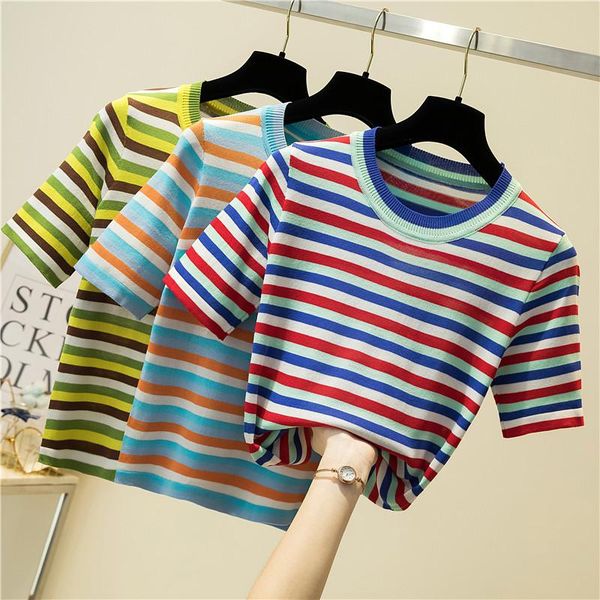 women round neck striped knitted pullover t-shirt sweater 2021 spring summer fashion ice silk middle sleeve chic pull femme, White
women round neck striped knitted pullover t-shirt sweater 2021 spring summer fashion ice silk middle sleeve chic pull femme, White