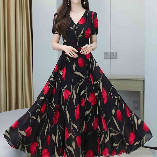 summer fashion temperament women print chiffon dress casual short sleeve v neck sandy beach dresses 210531, Black;gray 
summer fashion temperament women print chiffon dress casual short sleeve v neck sandy beach dresses 210531, Black;gray