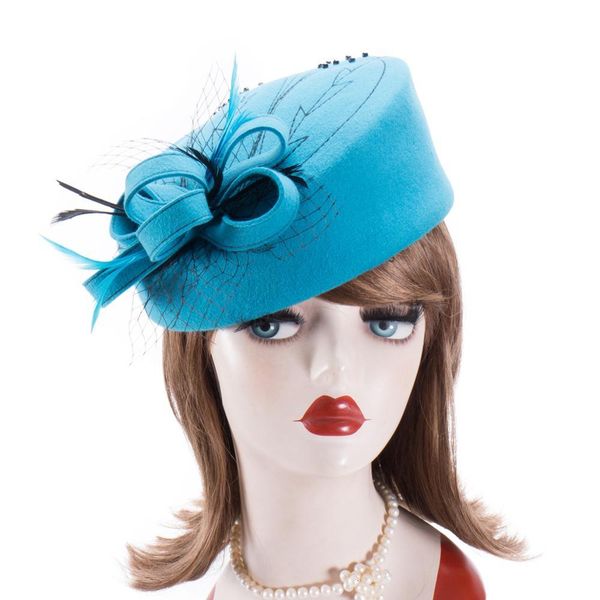 2021 new fascinator women winter embroidered veil wool felt pillbox for formal cocktail party wedding hats fedoras a140 56ml, Blue;gray 
2021 new fascinator women winter embroidered veil wool felt pillbox for formal cocktail party wedding hats fedoras a140 56ml, Blue;gray