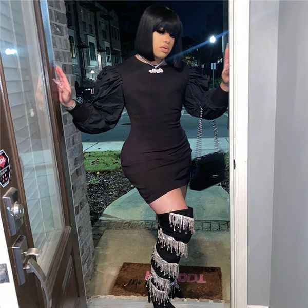 women club party black dress o neck puff sleeve bodycon dress autumn winter solid color fashion pencil dresses, Black;gray
women club party black dress o neck puff sleeve bodycon dress autumn winter solid color fashion pencil dresses, Black;gray