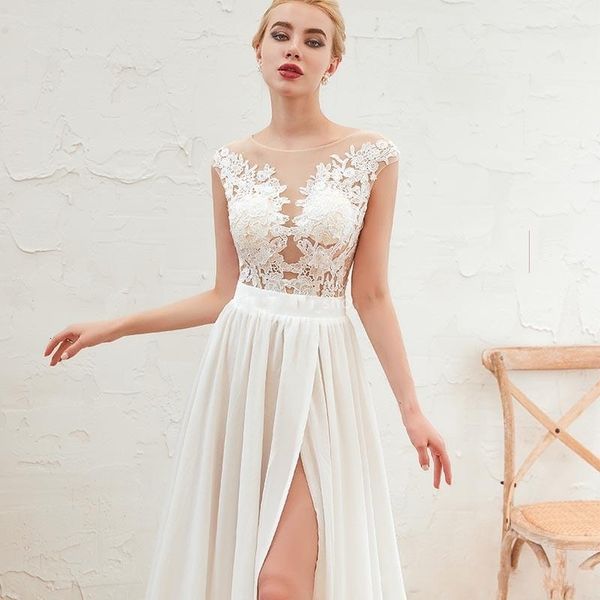 new modest 2021 lace chiffon wedding es with high split sleeveless appliques buttons back illusion country bridal gowns vestido wwvh, White
new modest 2021 lace chiffon wedding es with high split sleeveless appliques buttons back illusion country bridal gowns vestido wwvh, White