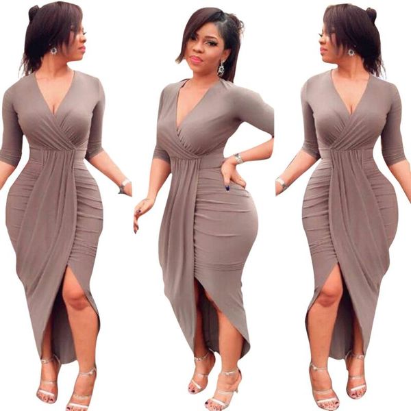 casual dresses gaoke autumn dress deep v-neck party lady bodycon sheath pleated split asymmetrical vestido women clothing, Black;gray 
casual dresses gaoke autumn dress deep v-neck party lady bodycon sheath pleated split asymmetrical vestido women clothing, Black;gray