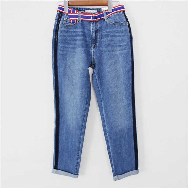 jeans french single fashion belt decoration, boyfriends' style, slim fit, women's pants, Blue 
jeans french single fashion belt decoration, boyfriends' style, slim fit, women's pants, Blue