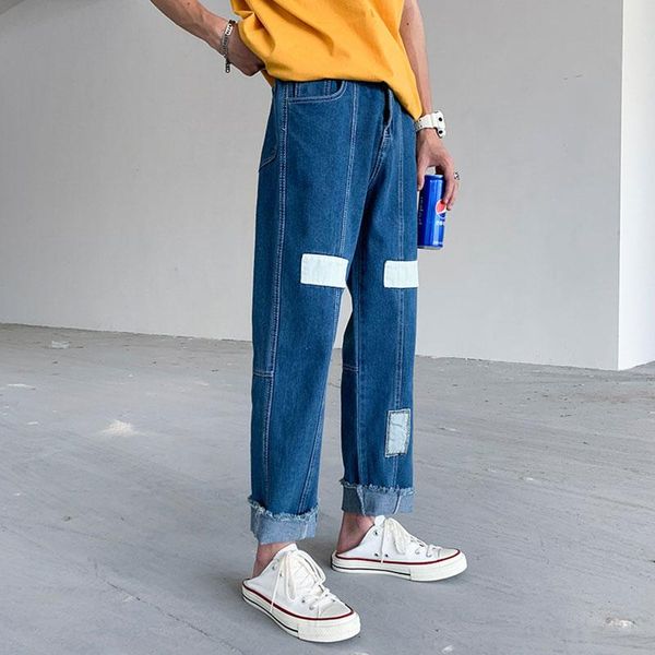 men's jeans casual wide-leg pants loose straight trousers autumn korean patch hip-hop trend, Blue