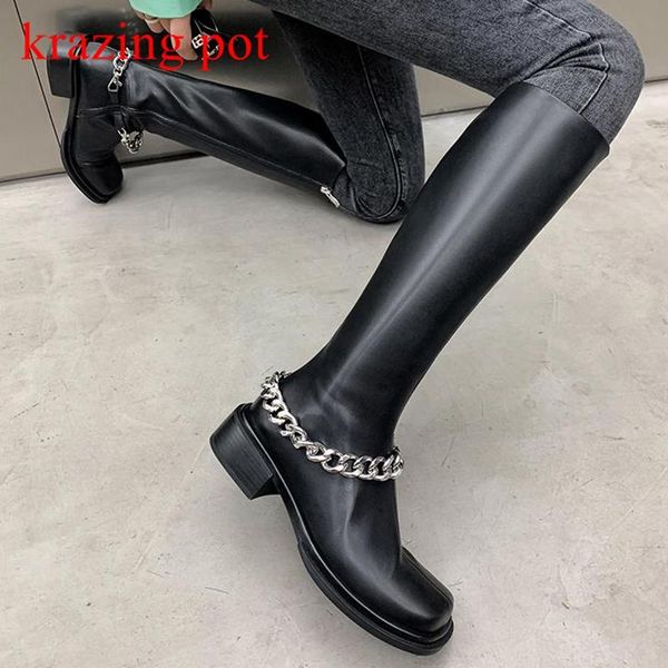 boots krazing pot genuine leather square toe equestrian med heels winter shoes silver color metal chains thigh high l11, Black
boots krazing pot genuine leather square toe equestrian med heels winter shoes silver color metal chains thigh high l11, Black