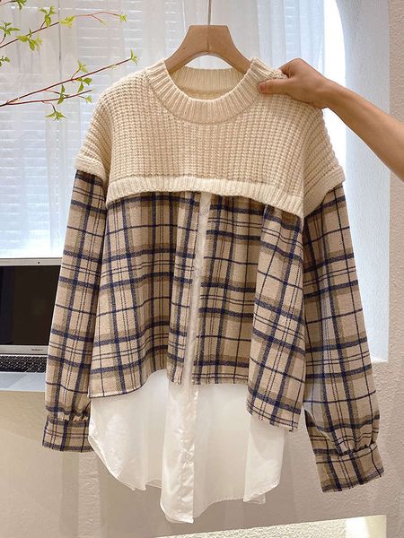 fake two-piece sweater women's pullover shirt plaid 2020 new autumn winter korean loose medium length top, White;black
fake two-piece sweater women's pullover shirt plaid 2020 new autumn winter korean loose medium length top, White;black