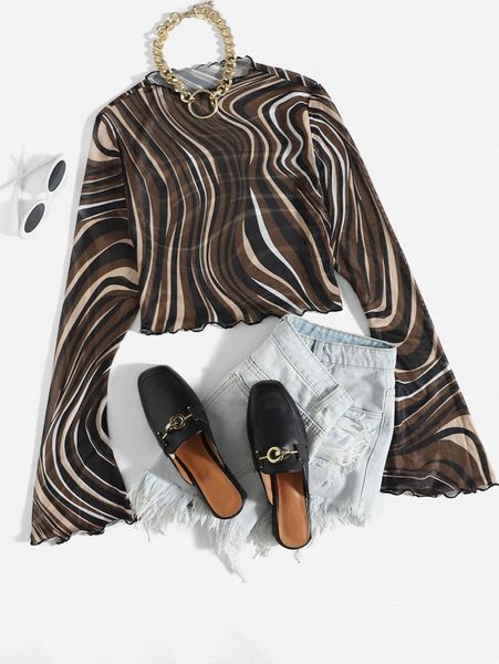 allover print flounce sleeve mesh g3tm#, White
allover print flounce sleeve mesh g3tm#, White