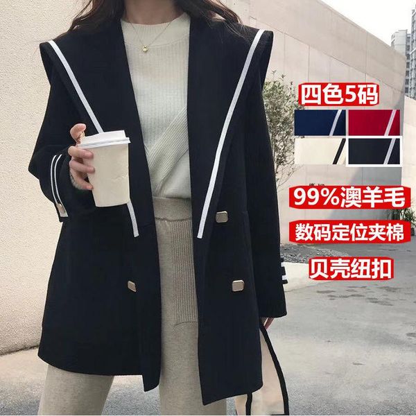 women's wool & blends jacket women coat woolen outerwear sailor collar veste manteau femme, Black
women's wool & blends jacket women coat woolen outerwear sailor collar veste manteau femme, Black