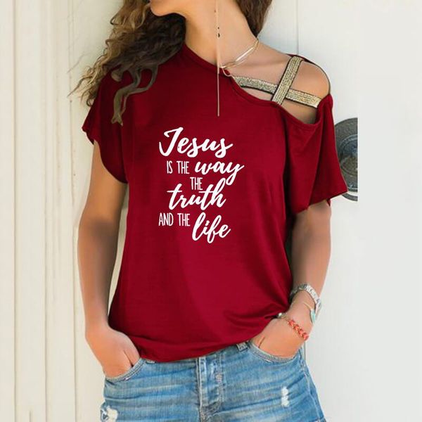 women's t-shirt jesus is the way truth loose women irregular tshirt lover gift punk harajuku skew neck cross bandage, White
women's t-shirt jesus is the way truth loose women irregular tshirt lover gift punk harajuku skew neck cross bandage, White
