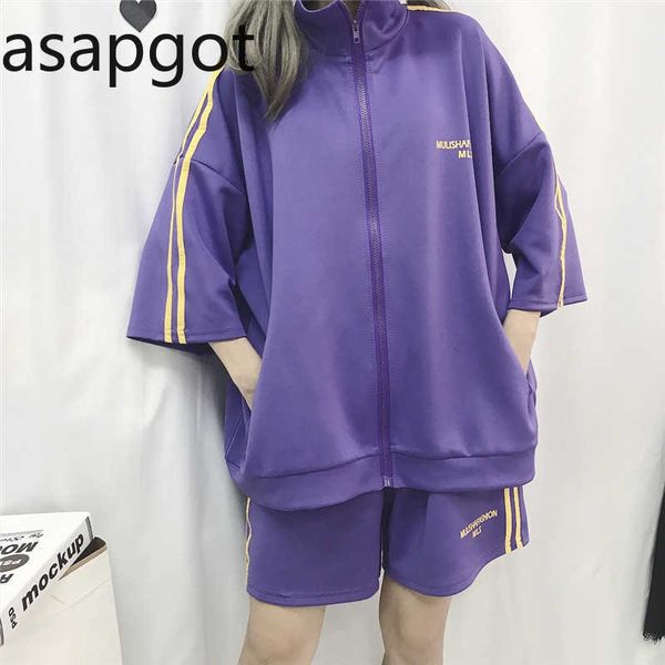 korean stand letter printed purple striped three quarter sleeve women tracksuit elastic high waist casual loose 2 piece outfits 210610, White
korean stand letter printed purple striped three quarter sleeve women tracksuit elastic high waist casual loose 2 piece outfits 210610, White